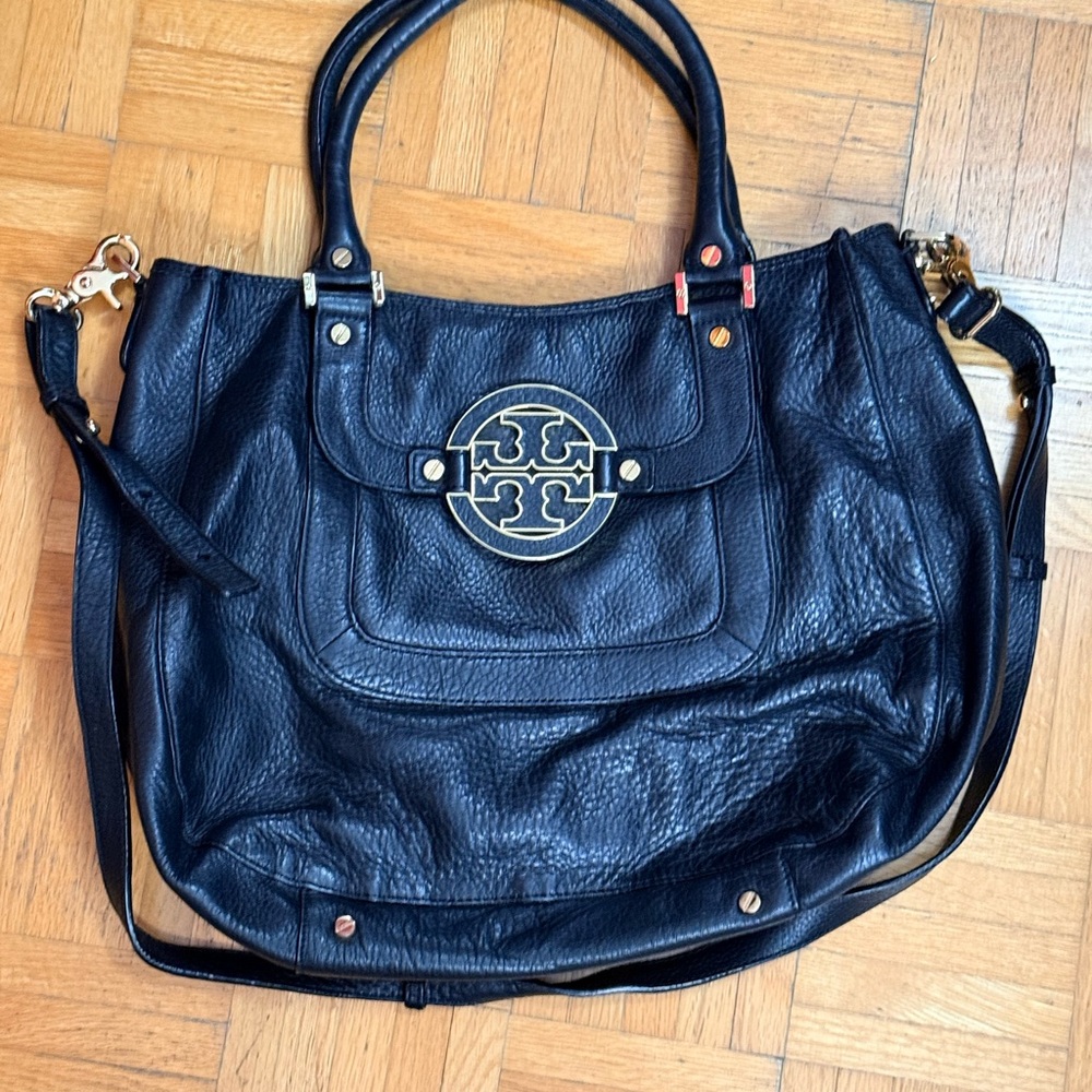 Tory Burch Black Pebbled Leather Shoulder Bag with Gold Logo